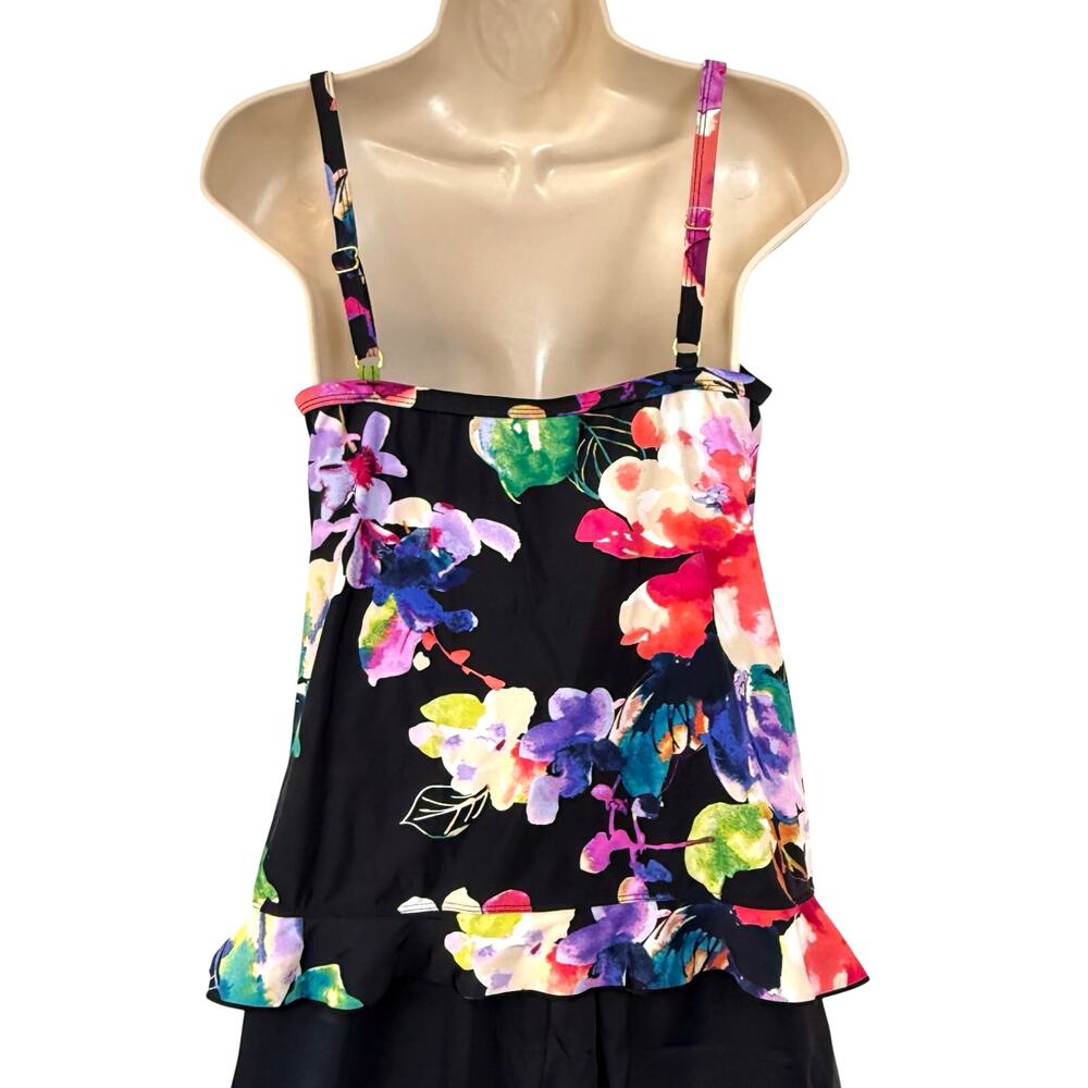 Maxine of Hollywood Black Tropical Floral Tankini Ruffled front and Hem - Picture 2 of 16